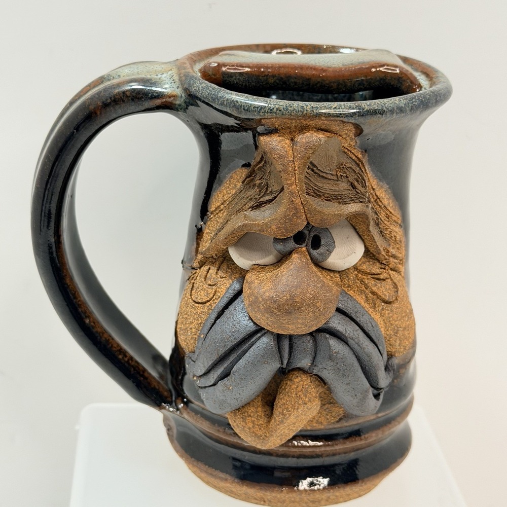 Vintage Funny 3D Face Mug, MMS Mahon Stoneware Pottery Mustache Man Signed
